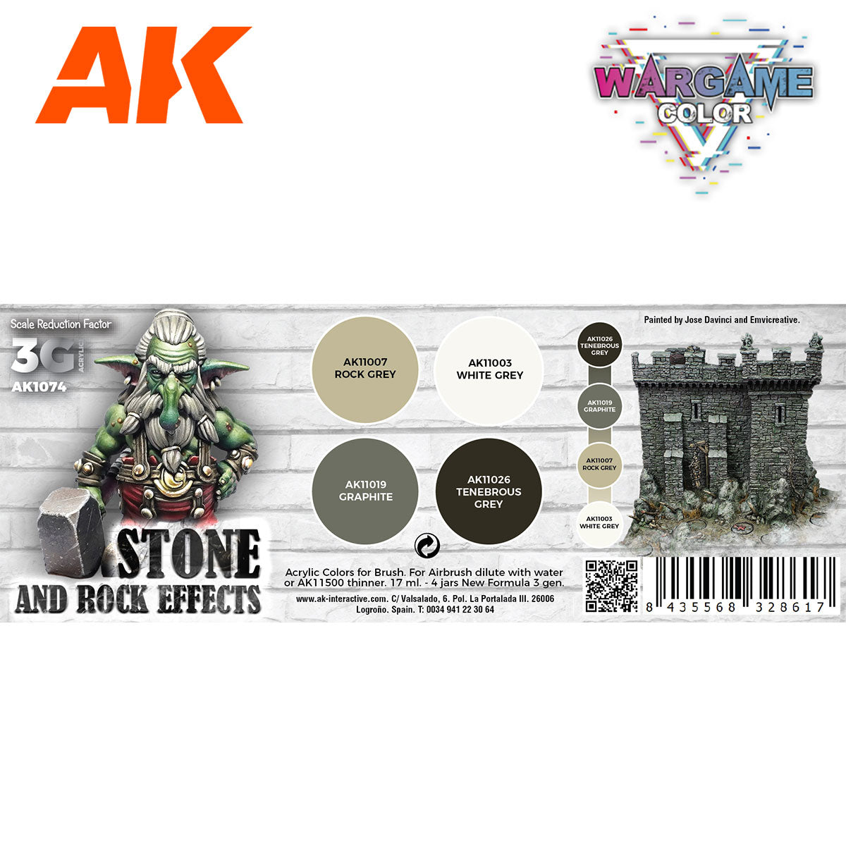 AK Interactive "Stone and Rock Effects" paint set with a goblin miniature -  stone castle -  and four grey color swatches