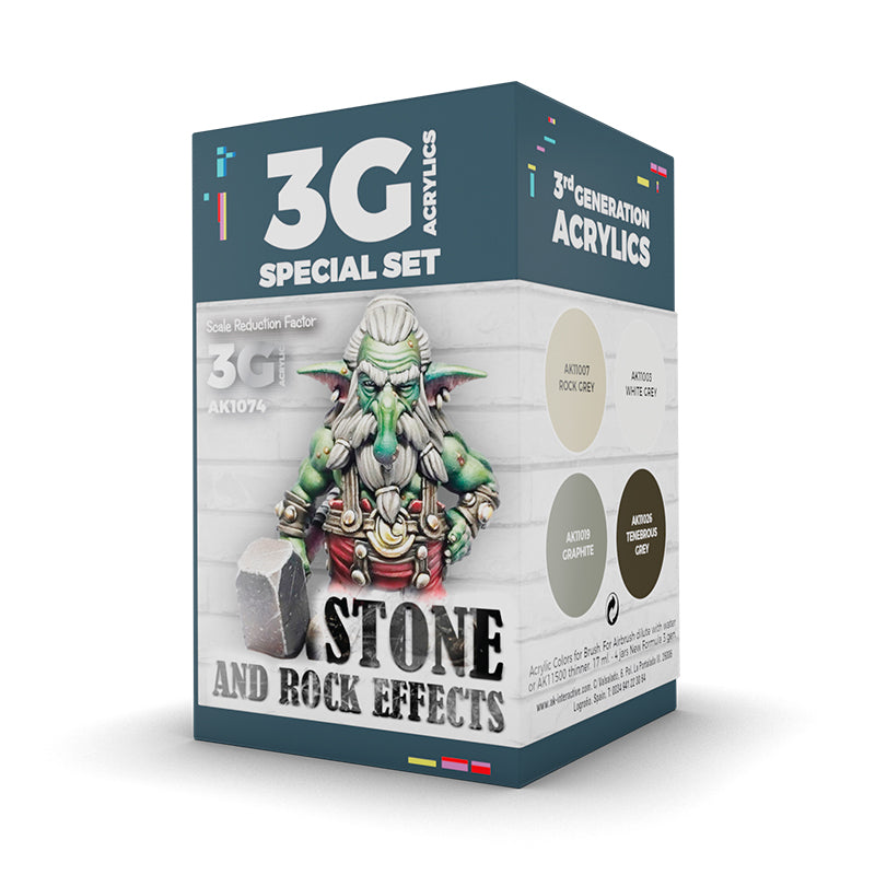 3G Special Set acrylic paint box for Stone and Rock Effects-features a green miniature figure and four grey paint swatches