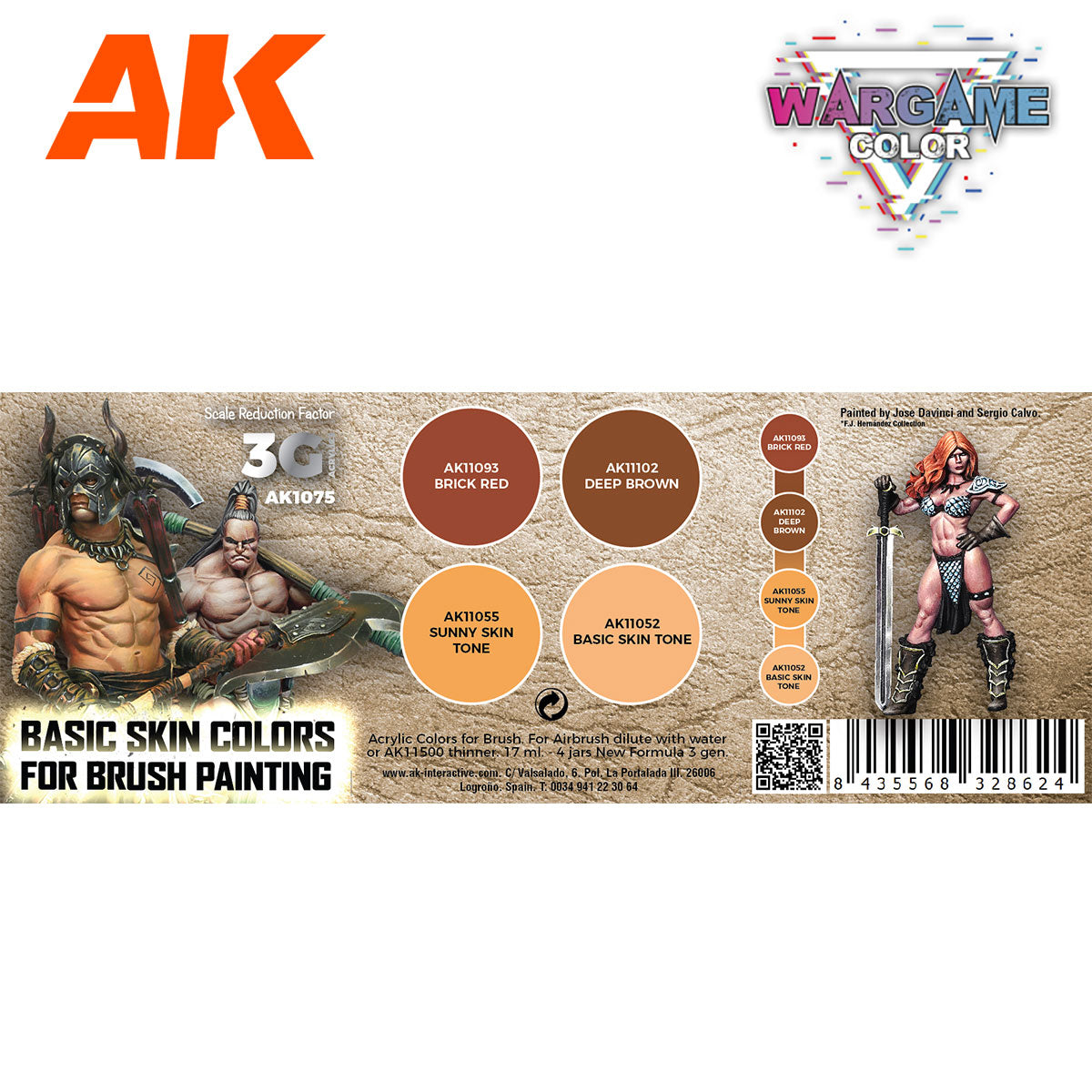 AK Interactive Basic Skin Colors paint set showing 4 color swatches and examples of painted miniatures