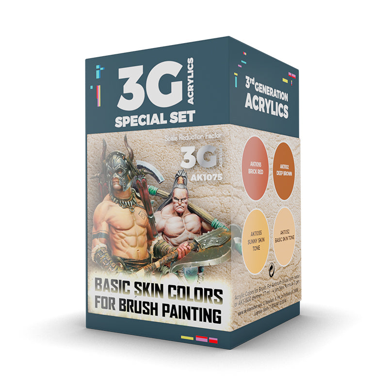 3G Special Set box of acrylic skin colors for miniatures -  showing two painted figures and four color swatches