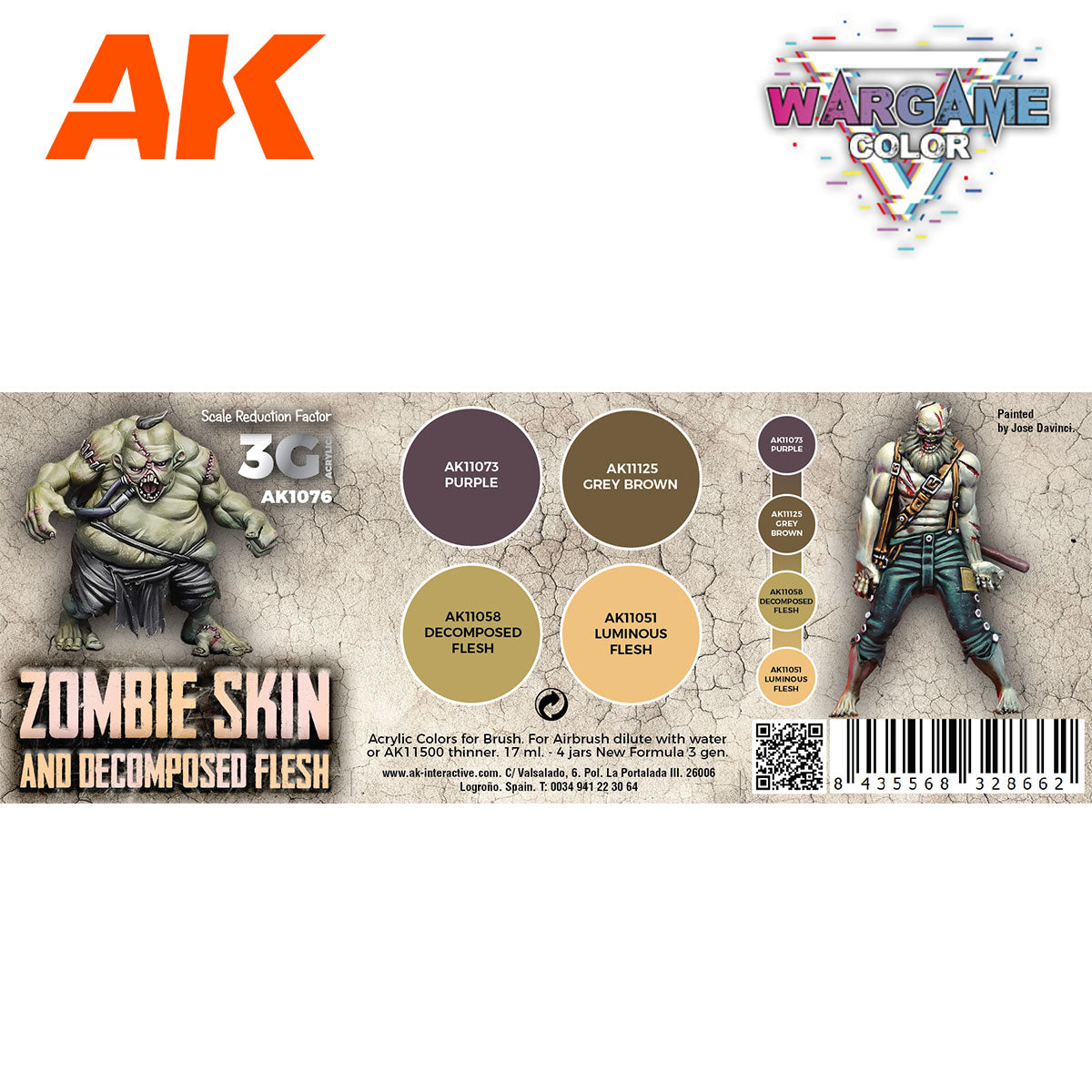 AK Wargame Color "Zombie Skin & Decomposed Flesh" paint set -  featuring two painted miniatures and color swatches