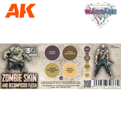 AK Wargame Color "Zombie Skin & Decomposed Flesh" paint set -  featuring two painted miniatures and color swatches
