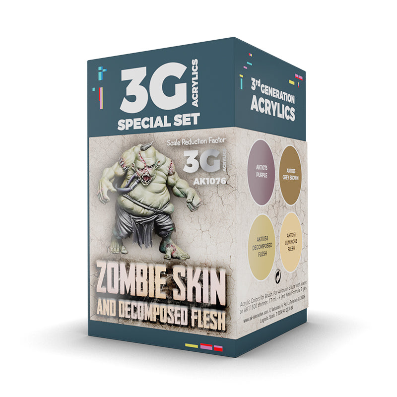 AK 3G Acrylics 'Zombie Skin & Decomposed Flesh' paint set box featuring a grotesque green zombie miniature