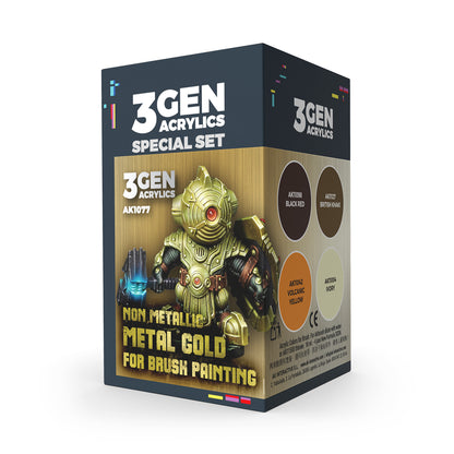 3GEN Acrylics 'Non Metallic Metal Gold' paint set box -  with a gold sci-fi figure -  hammer -  shield -  and 4 color swatches