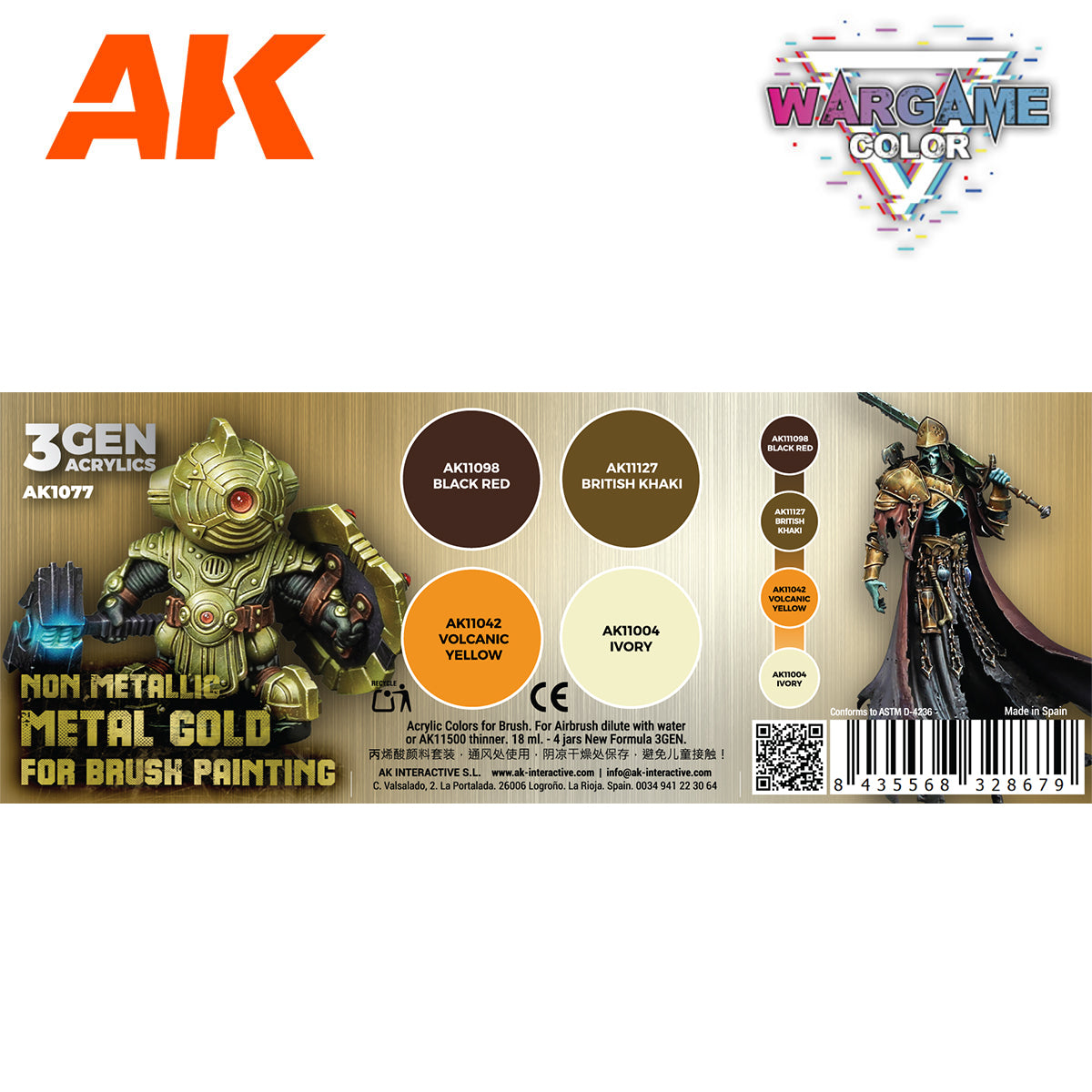 AK Wargame Color NMM Gold acrylic paint set -  showing two miniatures and four swatches: black red -  khaki -  yellow -  ivory