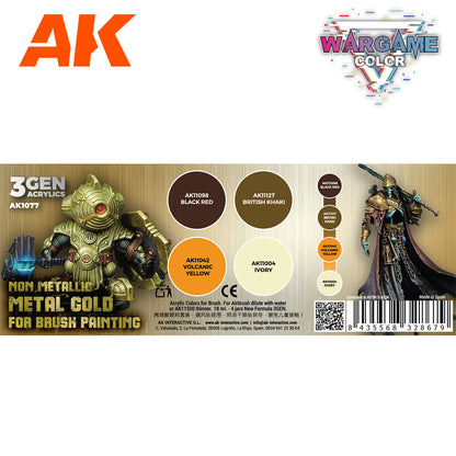 AK Wargame Color NMM Gold acrylic paint set -  showing two miniatures and four swatches: black red -  khaki -  yellow -  ivory