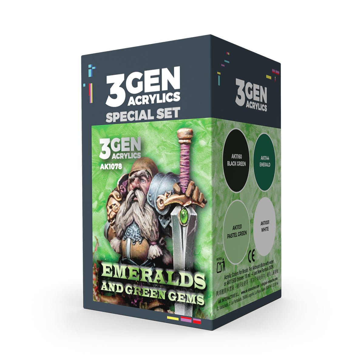 3GEN ACRYLICS 'Emeralds & Green Gems' paint set box featuring a dwarf -  sword -  and 4 color swatches