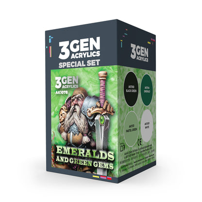 3GEN ACRYLICS 'Emeralds & Green Gems' paint set box featuring a dwarf -  sword -  and 4 color swatches