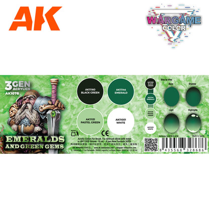 AK 3Gen Acrylics set for painting green gems -  featuring a dwarf miniature -  4 paints -  and a step-by-step guide