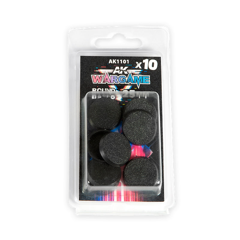 AK Wargame pack of 10 textured black 25mm round bases in a clear blister pack