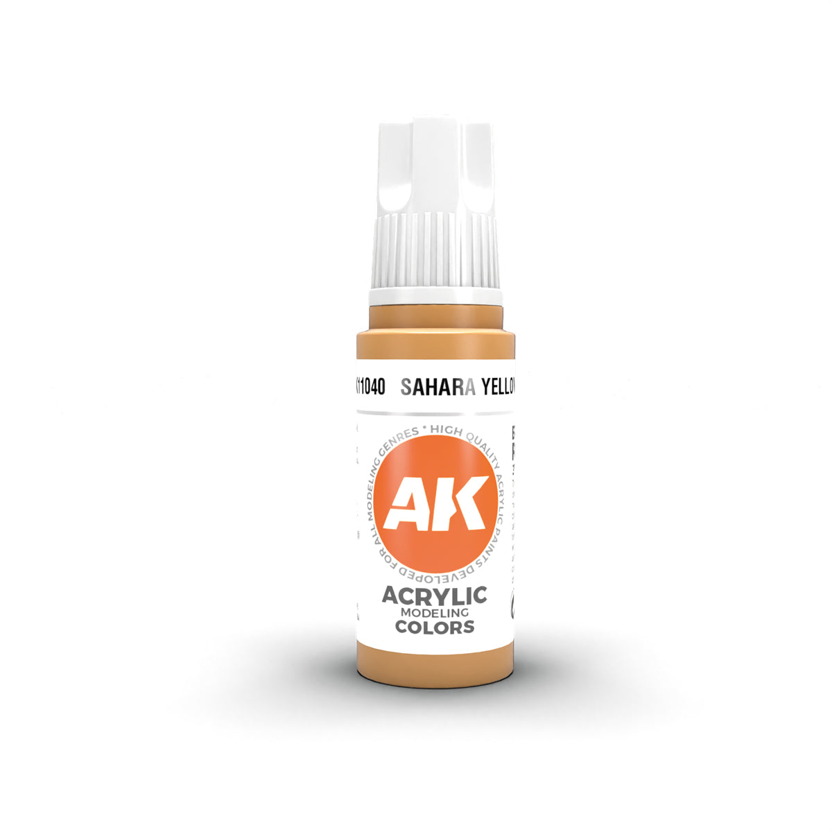 A small bottle of AK Interactive Sahara Yellow acrylic modeling paint with a white cap
