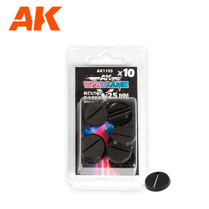 AK Interactive Wargame bases: A pack of 10 black 25mm round bases with slits, and one loose base shown separately