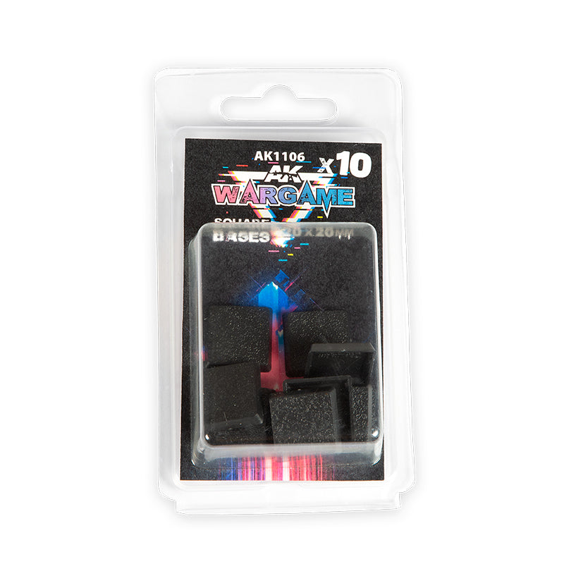 A clear blister pack containing ten black 20x20mm square wargame bases