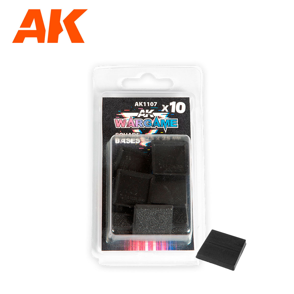 Pack of 10 black 25mm square wargame bases by AK Interactive, one base shown loose next to the package