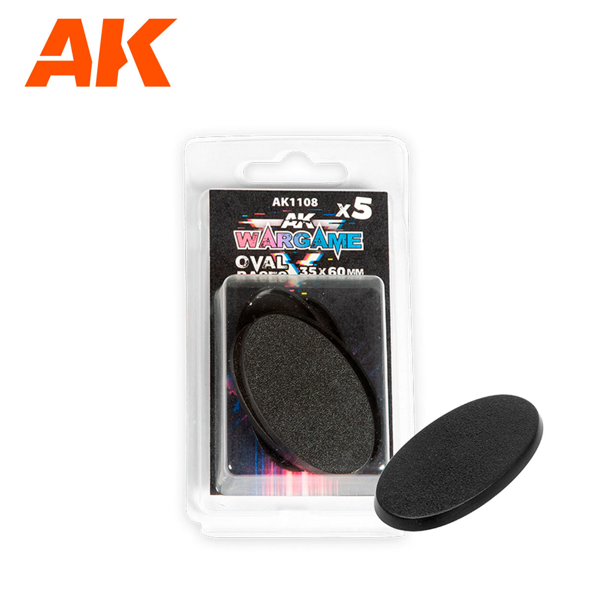 AK Wargame 5-pack of 35x60mm black oval bases -  one base shown outside the package
