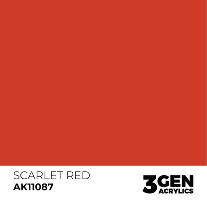 A solid scarlet red color swatch, labeled "SCARLET RED AK11087" for 3GEN ACRYLICS