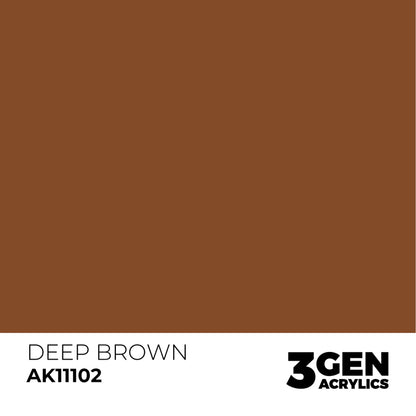 Deep brown paint swatch for 3GEN ACRYLICS, labeled 'DEEP BROWN AK11102'
