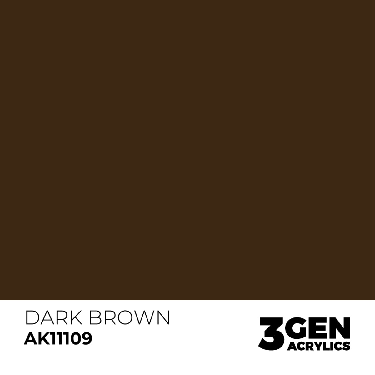 Dark brown color swatch labeled 'Dark Brown AK11109' for 3Gen Acrylics paint