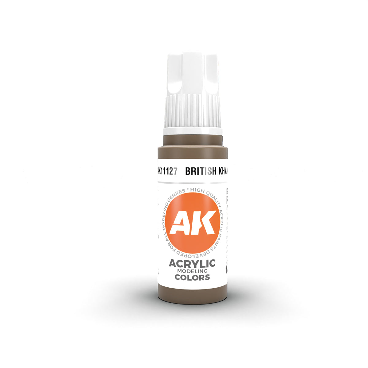 AK British Khaki acrylic modeling paint in a small brown bottle with a white cap