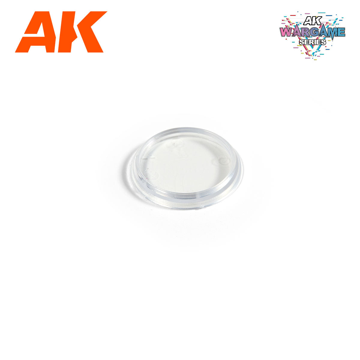 Clear, round plastic wargame miniature base on a white background, with AK Interactive Wargame Series branding