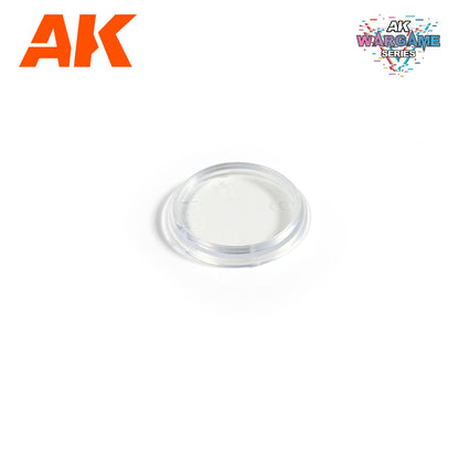 Clear, round plastic wargame miniature base on a white background, with AK Interactive Wargame Series branding