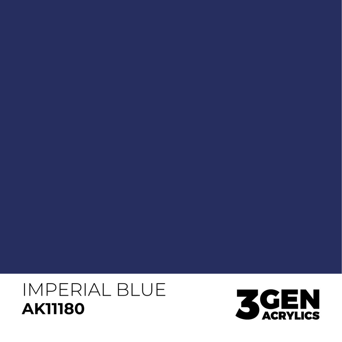 A dark blue color swatch labeled 'Imperial Blue AK11180' by 3GEN ACRYLICS