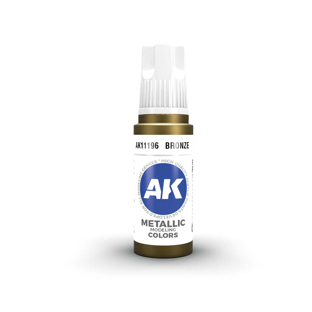 AK11196 Bronze metallic modeling paint bottle by AK Interactive with a white cap