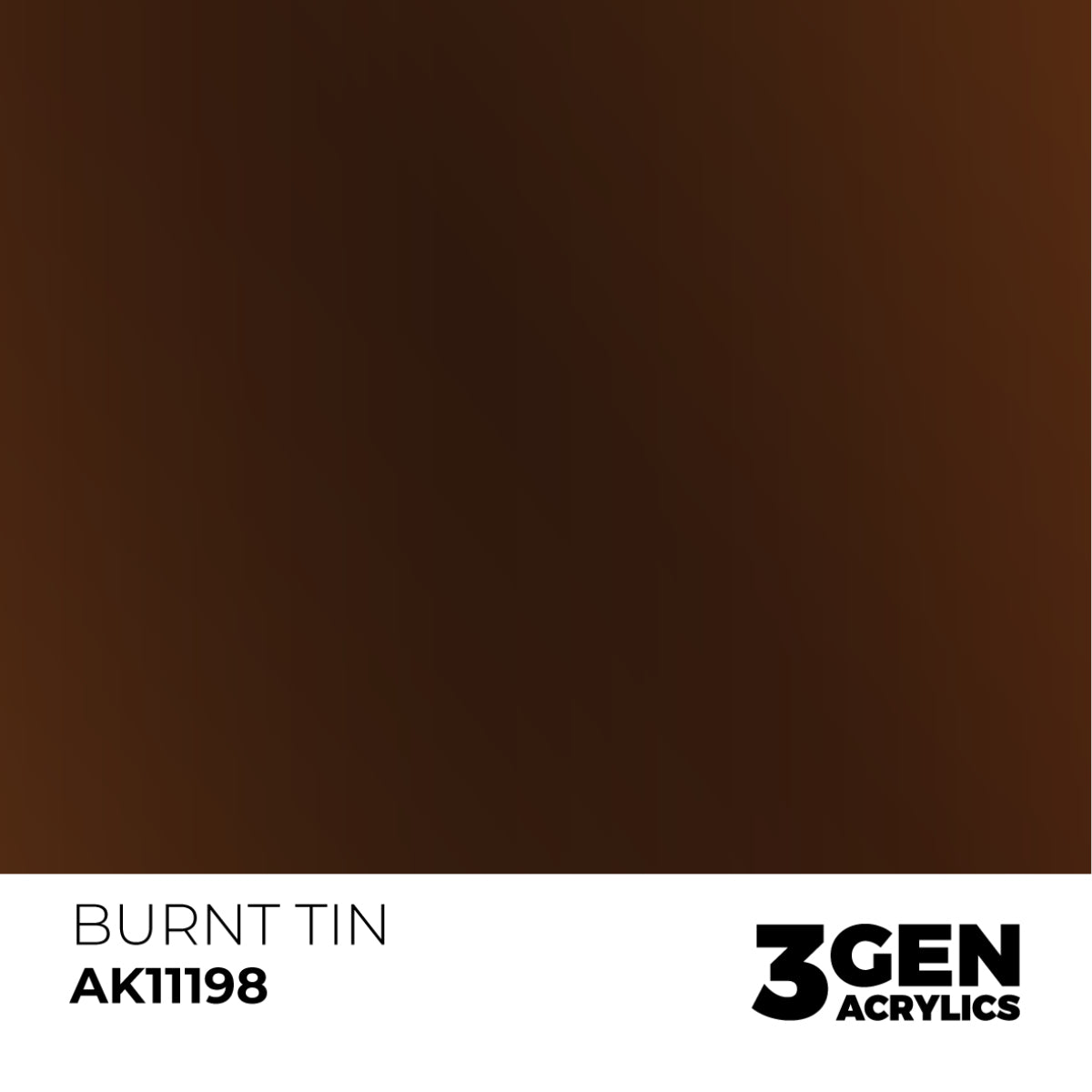 A dark reddish-brown color swatch labeled "BURNT TIN AK11198" from 3GEN ACRYLICS