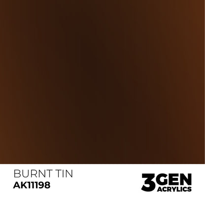 A dark reddish-brown color swatch labeled "BURNT TIN AK11198" from 3GEN ACRYLICS
