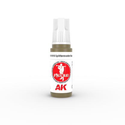 AK olive green model paint bottle with white cap. Label displays 'Splittermuster Base' and a soldier aiming a rifle
