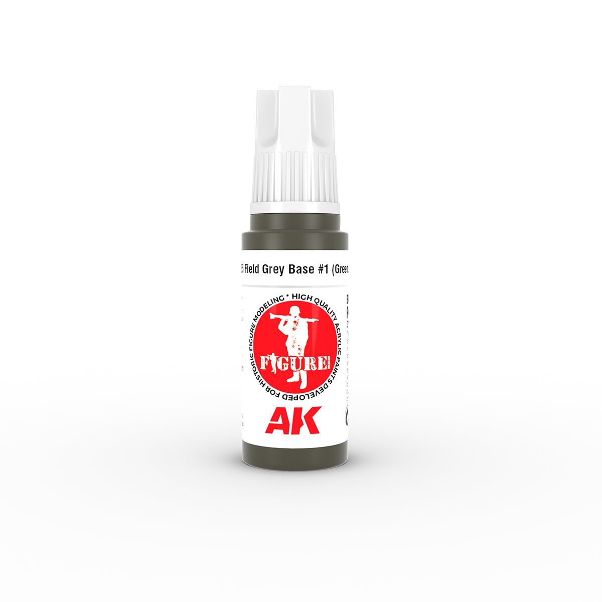 Dark grey AK Field Grey Base #1 acrylic model paint bottle with white cap, featuring a soldier figure logo