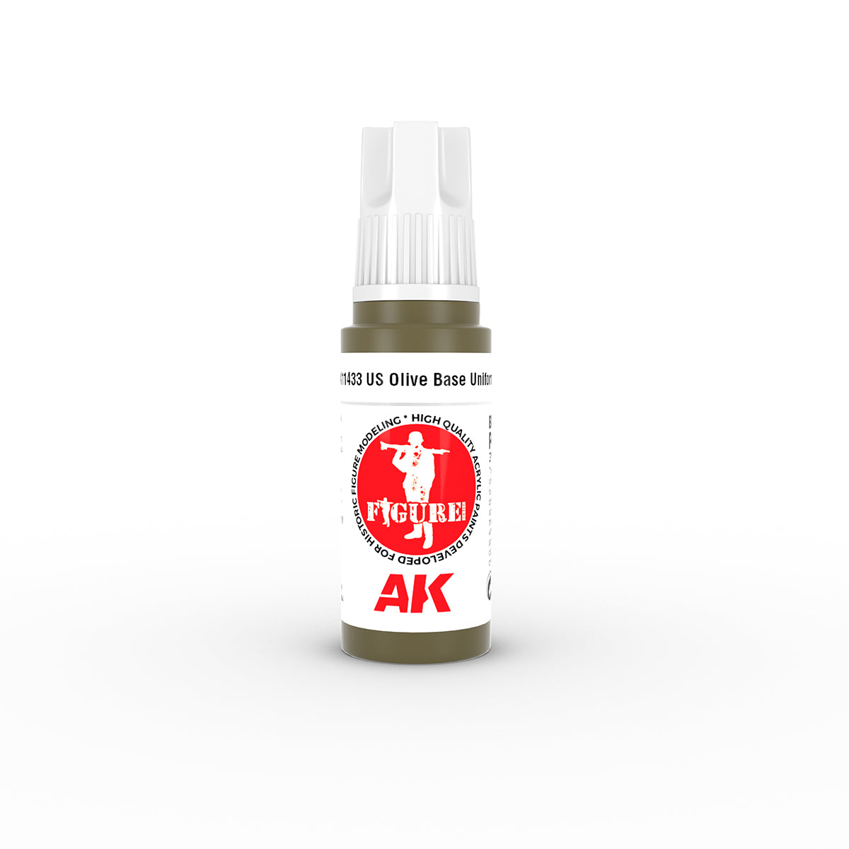 Olive green AK model paint bottle labeled "US Olive Base Uniform" with a soldier silhouette