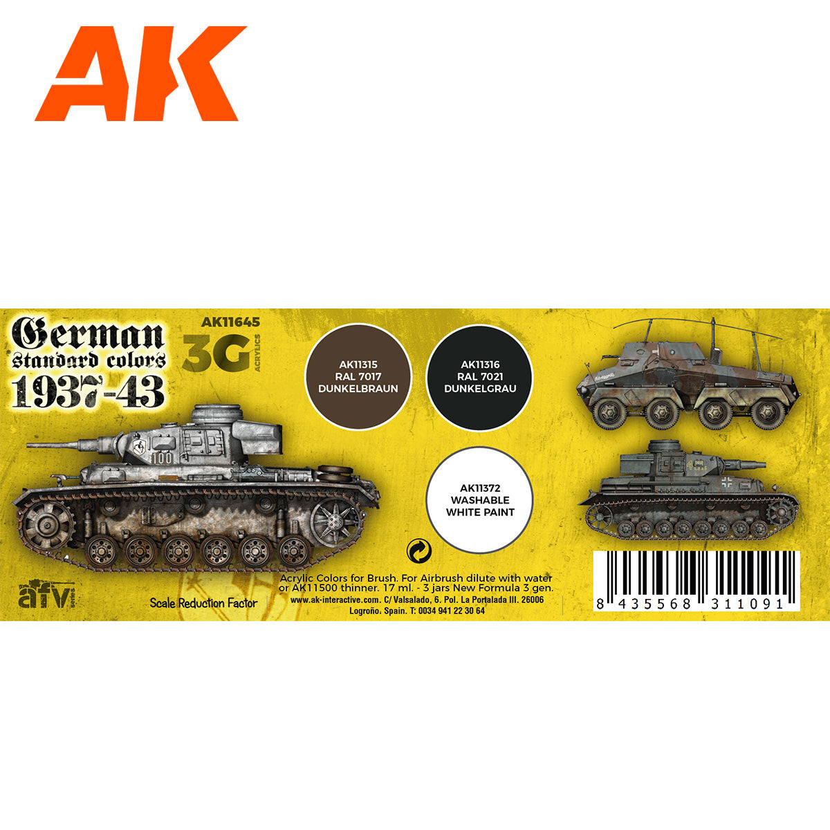 AK German 1937-43 paint set displays a WWII tank -  armored car -  and swatches for dark brown -  grey -  and white