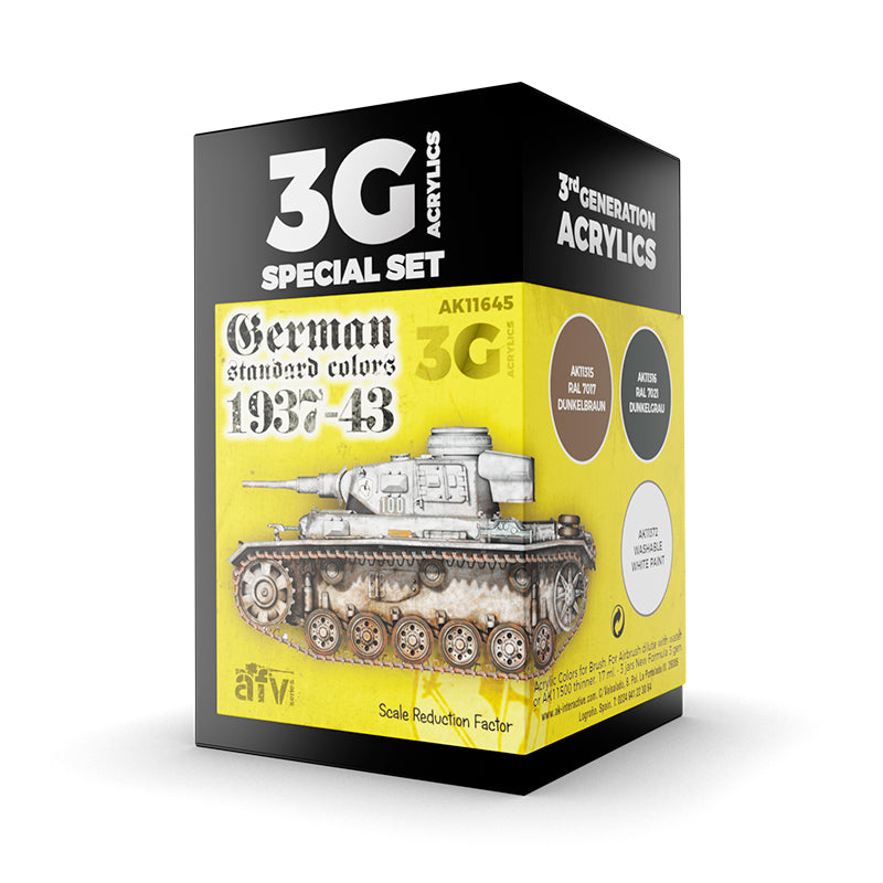Product box for "3G Special Set German standard colors 1937-43" acrylic paints -  featuring a detailed model tank