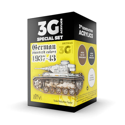 Product box for "3G Special Set German standard colors 1937-43" acrylic paints -  featuring a detailed model tank