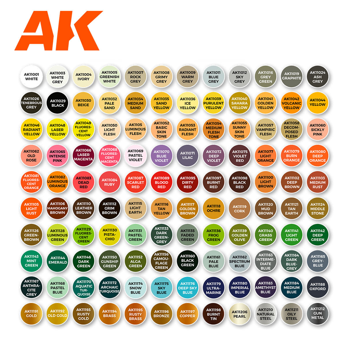 AK Interactive paint color chart displaying a wide range of paint shades including greys yellows pinks reds browns greens and blues for hobby and modeling supplies