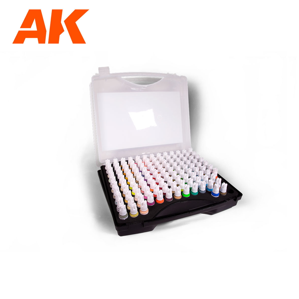 AK Interactive detail paint set in an open clear plastic and black case filled with numerous small colorful paint pots for model building and hobby painting