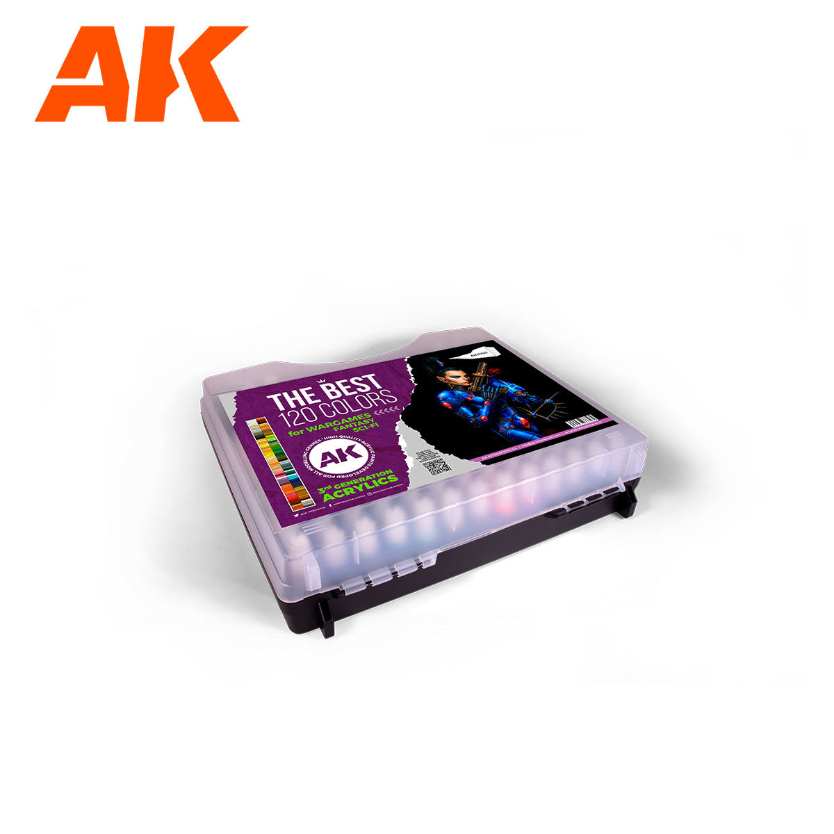 AK Interactive The Best 120 Colors 3rd Generation Acrylics paint set in a clear plastic case featuring vibrant wargame and fantasy model paints
