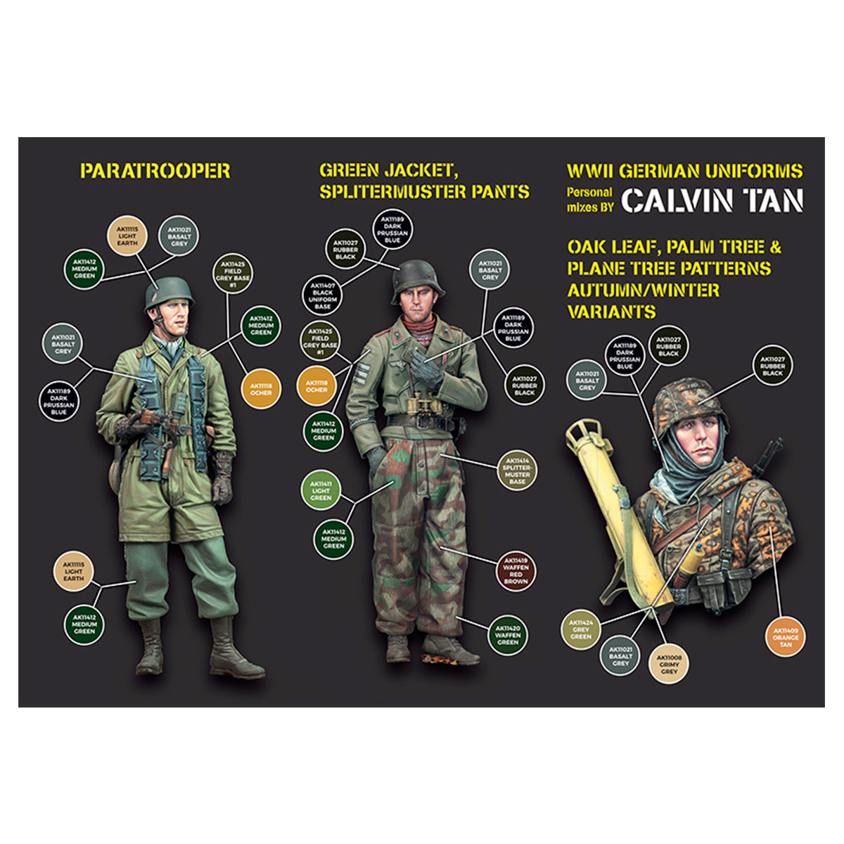 WWII German uniforms painting guide: three soldiers in paratrooper -  camouflage -  and autumn/winter patterns with color mixes