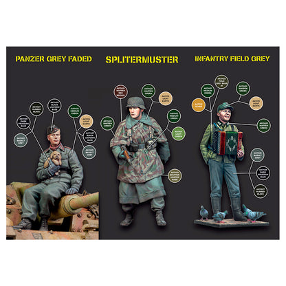 Three miniature WWII soldier figures demonstrating paint schemes: grey with dog -  camouflage with rifle -  green with accordion and pigeons
