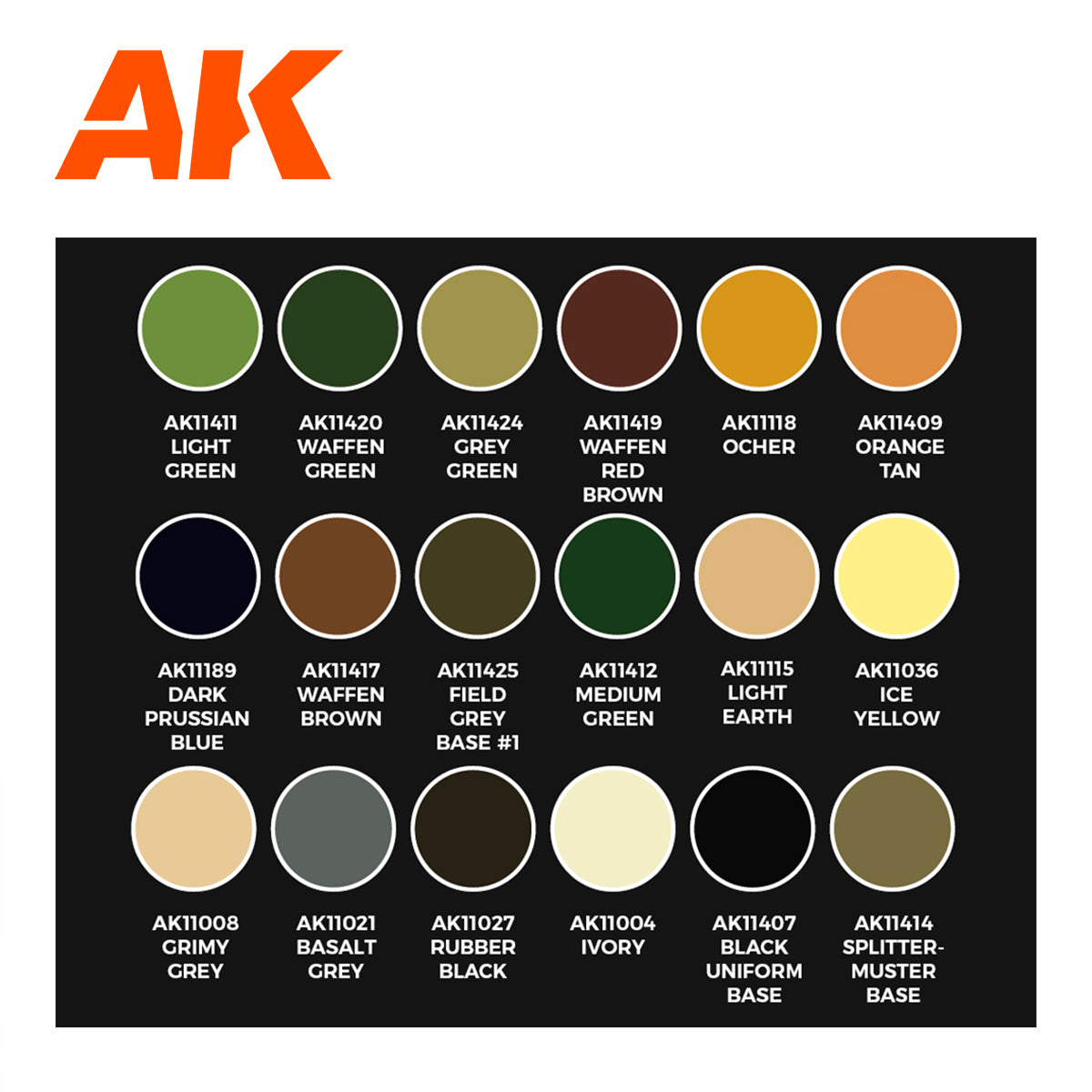 AK logo above a grid of 18 paint color swatches with names like Light green -  dark prussian blue -  and rubber black