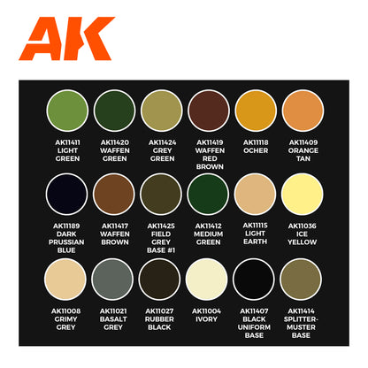 AK logo above a grid of 18 paint color swatches with names like Light green -  dark prussian blue -  and rubber black