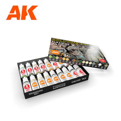 AK's 18-color acrylic set for WWII German uniforms -  with paint bottles in a tray and box art showing soldiers and color palette