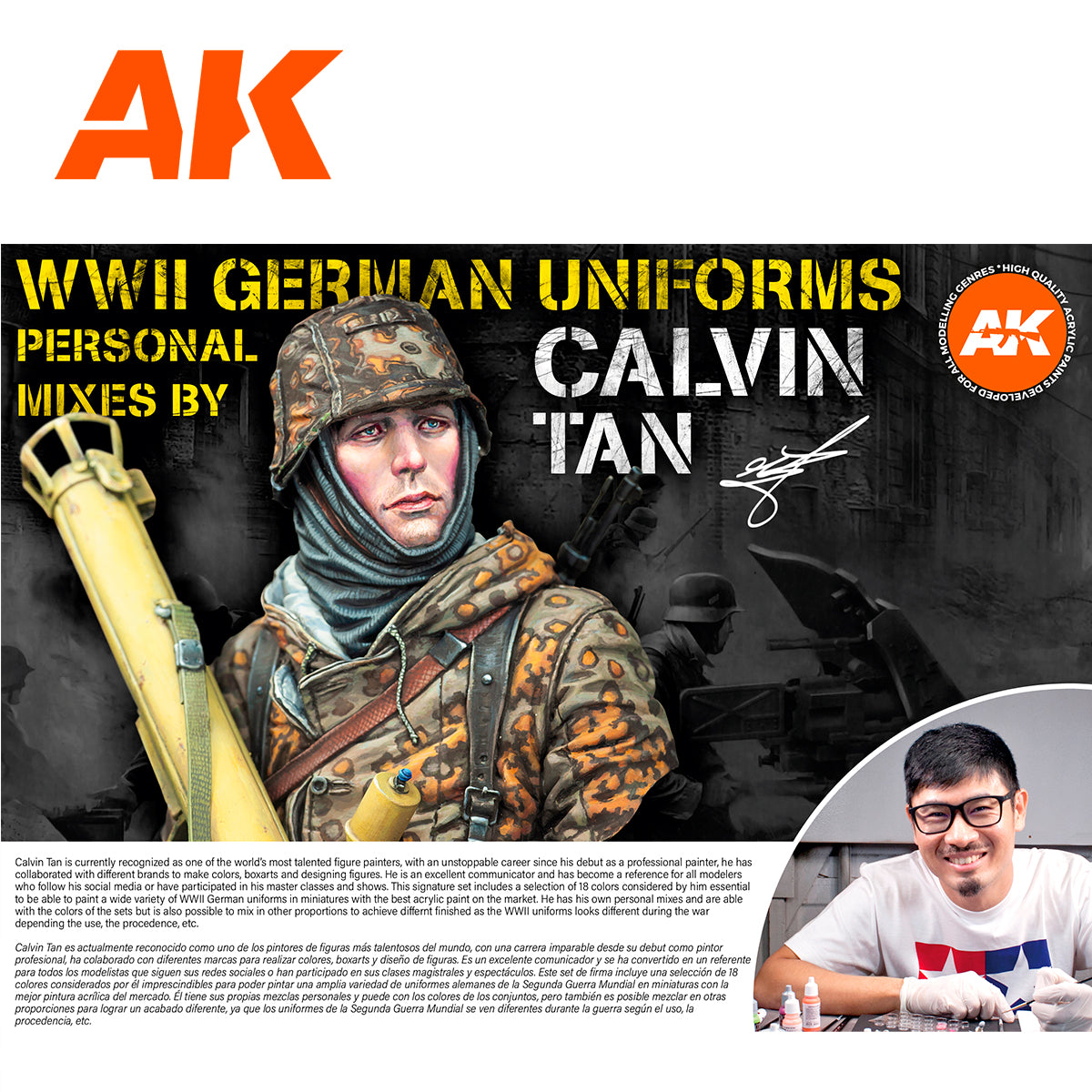 AK paint set for WWII German Uniforms featuring a detailed soldier bust in camo with panzerfaust -  and artist Calvin Tan