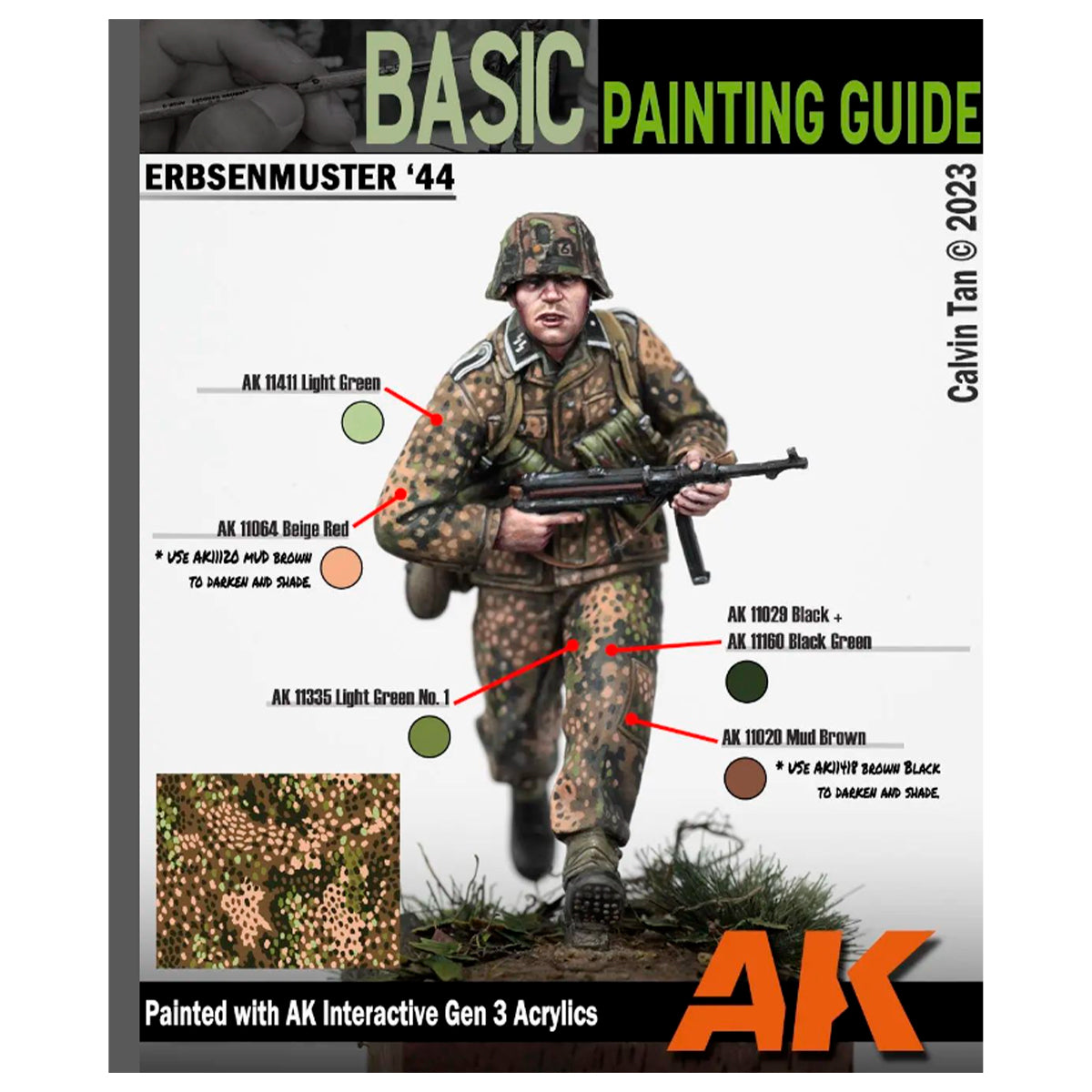 Painting guide: Miniature WWII German soldier in Erbsenmuster '44 camouflage -  striding with a submachine gun