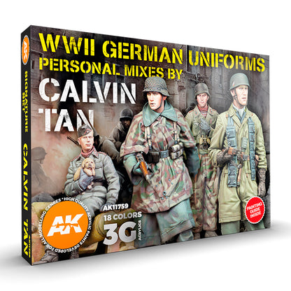 Box for AK Interactive 'WWII German Uniforms' paint set features realistic miniature soldiers -  one holding a puppy