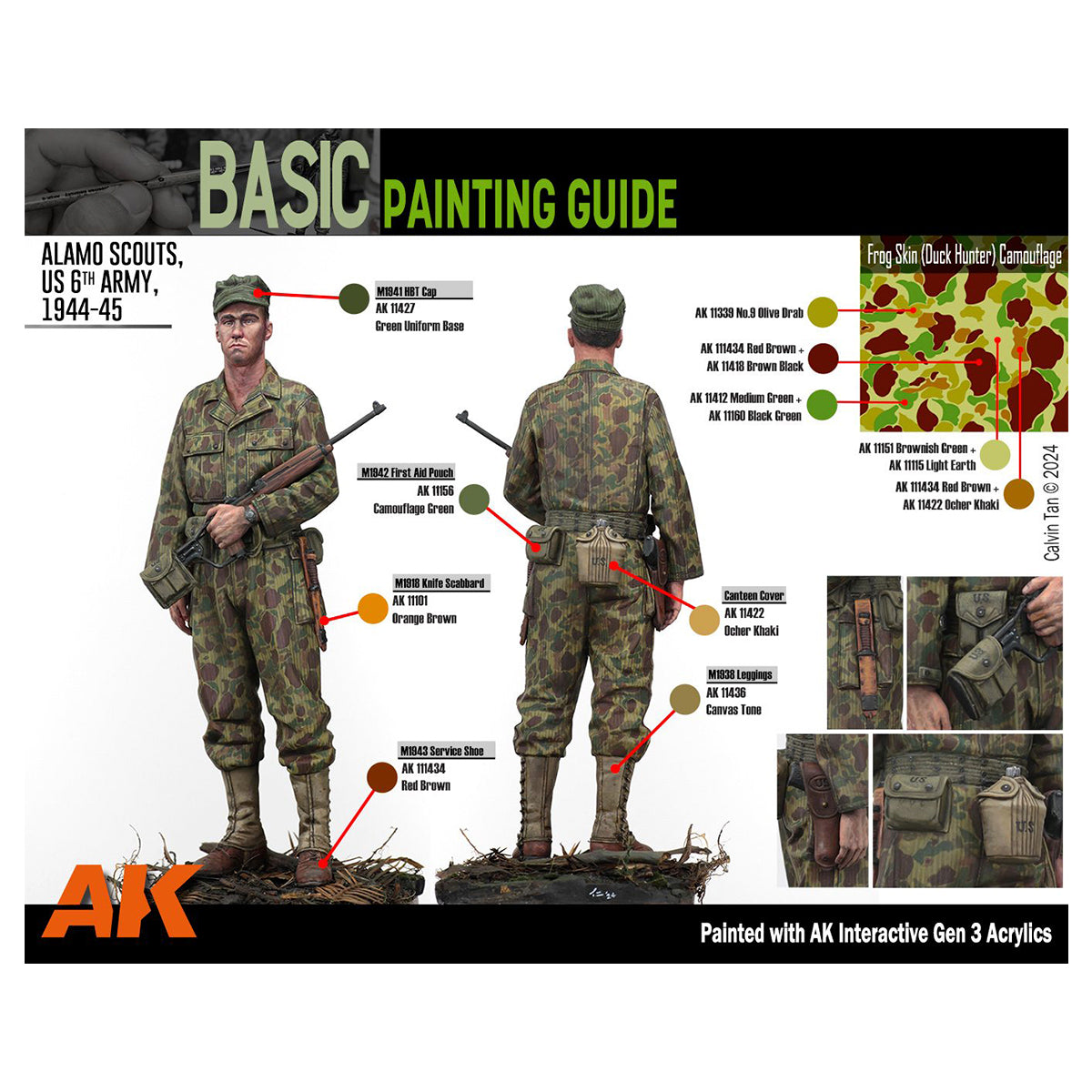 Painting guide for a US WWII soldier model -  showing front and back views of a figure in frog skin camouflage with color labels
