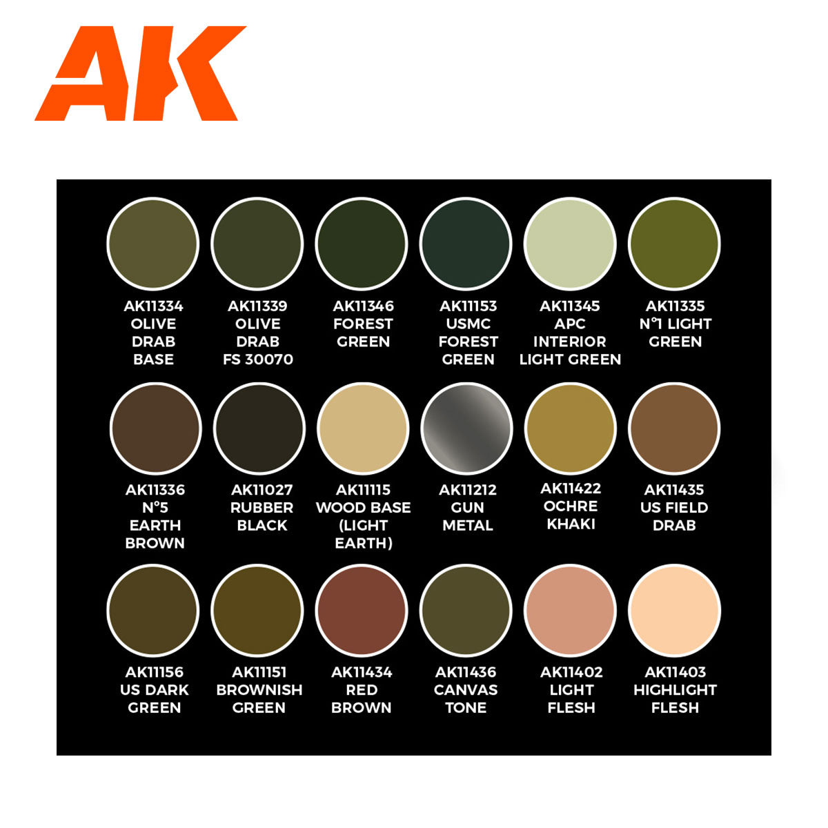AK paint chart displaying 18 circular swatches of military greens -  browns -  and earth tones -  each with a name and code