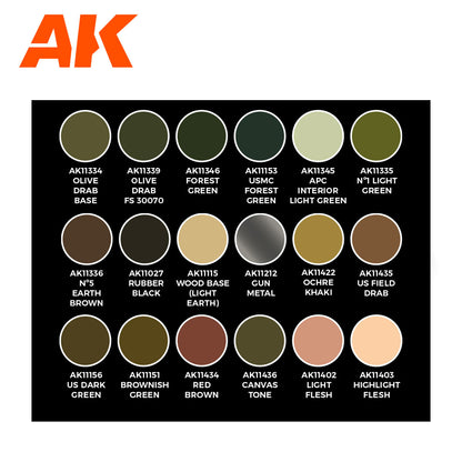 AK paint chart displaying 18 circular swatches of military greens -  browns -  and earth tones -  each with a name and code