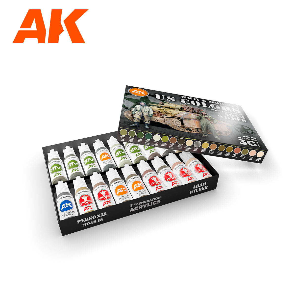 Small bottles of various colors in a tray -  with a box lid showing a tank